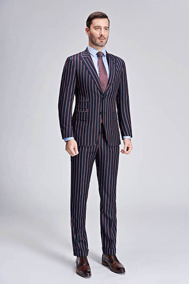 Bespoke Stripes Dark Navy Mens Suits Peak Lapel Three Flap Pockets Suits for Men-showprettydress