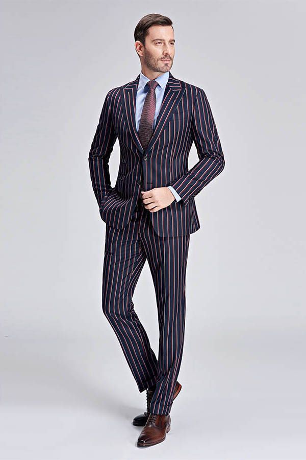 Bespoke Stripes Dark Navy Mens Suits Peak Lapel Three Flap Pockets Suits for Men-showprettydress