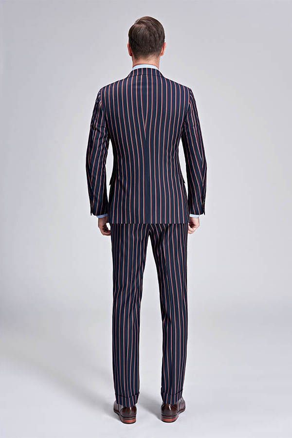 Bespoke Stripes Dark Navy Mens Suits Peak Lapel Three Flap Pockets Suits for Men-showprettydress