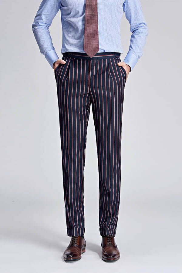 Bespoke Stripes Dark Navy Mens Suits Peak Lapel Three Flap Pockets Suits for Men-showprettydress