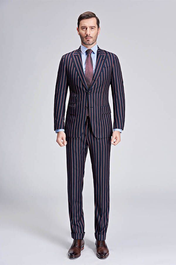 Bespoke Stripes Dark Navy Mens Suits Peak Lapel Three Flap Pockets Suits for Men-showprettydress