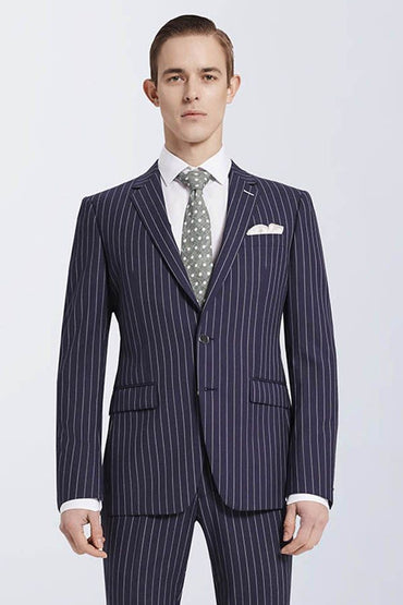 Bespoke Stripes Navy Marriage Suits Narrow Notch Lapel Leisure Suits for Men-showprettydress