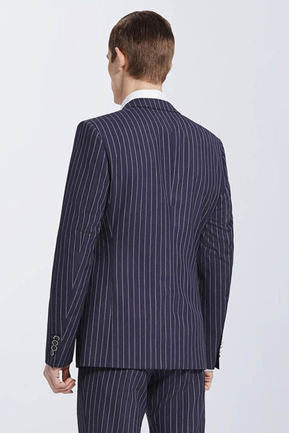 Bespoke Stripes Navy Marriage Suits Narrow Notch Lapel Leisure Suits for Men-showprettydress