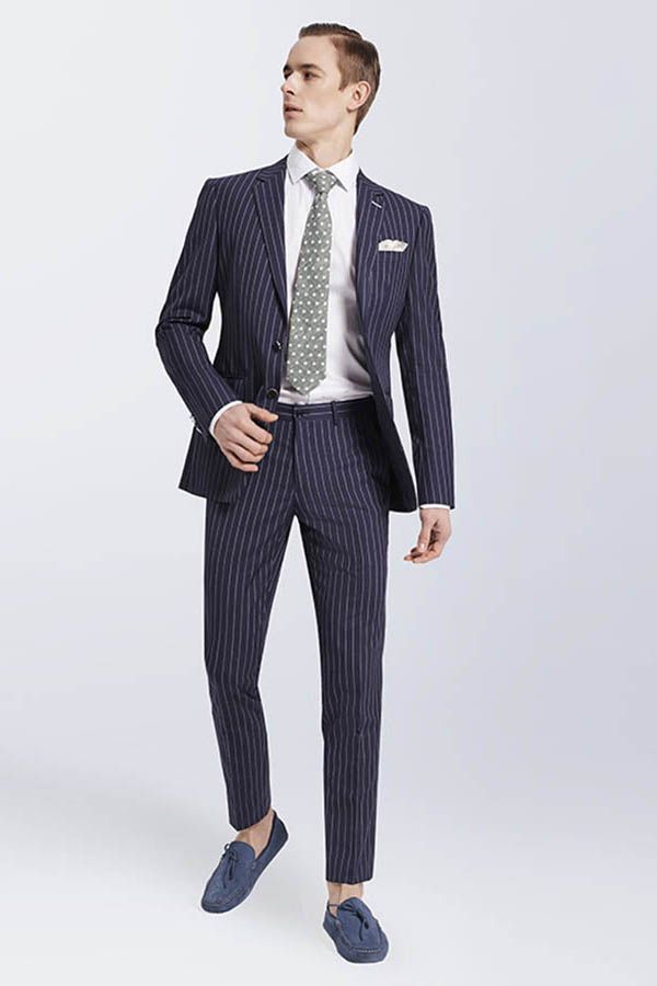 Bespoke Stripes Navy Marriage Suits Narrow Notch Lapel Leisure Suits for Men-showprettydress