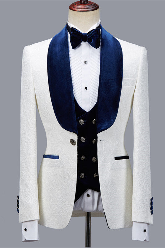 Bespoke White Jacquard Shawl Lapel Men Suit for Wedding-showprettydress