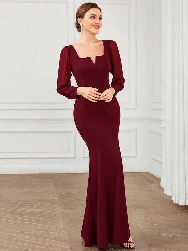 Bessie dress in burgundy with sleeve and split s6-8 Express NZ wide - Bay Bridal and Ball Gowns