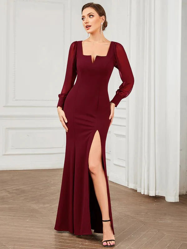 Bessie dress in burgundy with sleeve and split s6-8 Express NZ wide - Bay Bridal and Ball Gowns