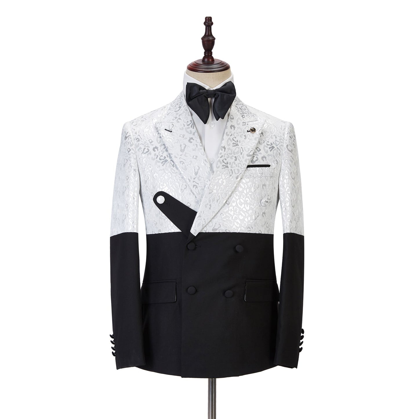 Black and White Jacquard Peaked Lapel Men Suits Online-showprettydress