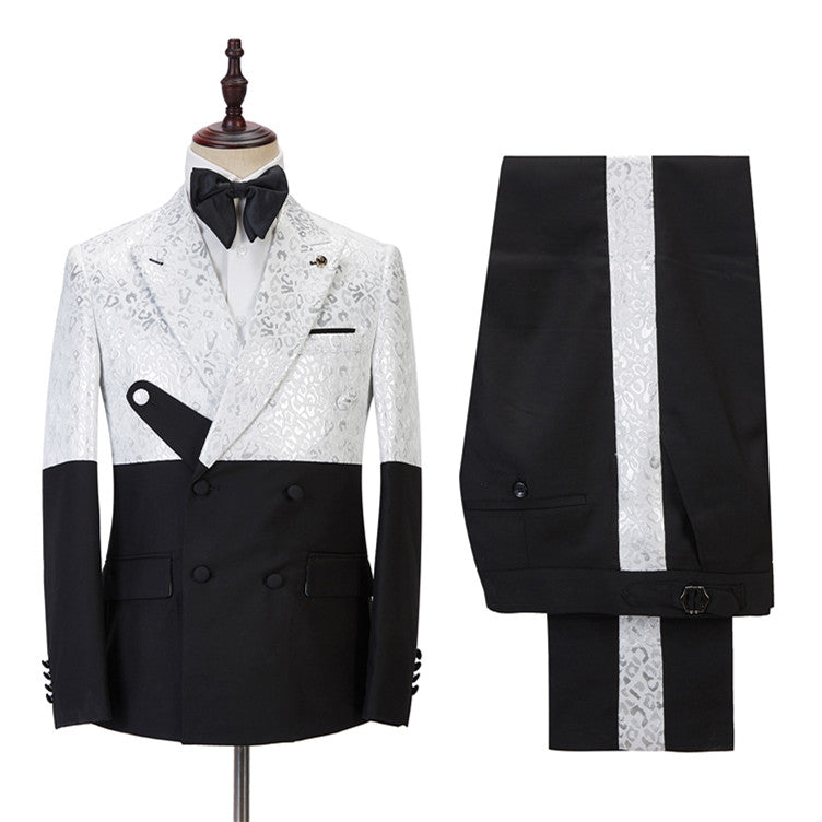 Black and White Jacquard Peaked Lapel Men Suits Online-showprettydress