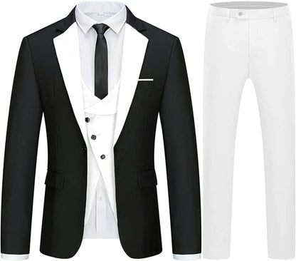 Geoffrey Fancy Black And White Three Pieces Men Suits For Prom