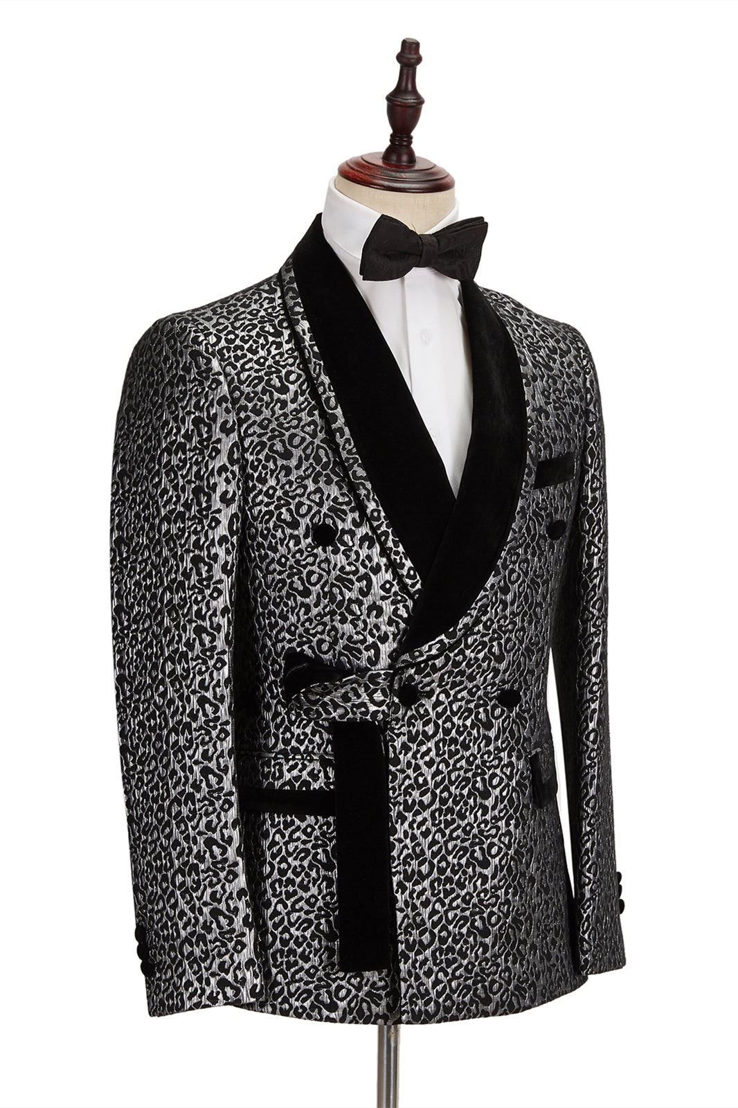 Black Classy Silver Leopard Jacquard Men's Suit Shawl Lapel Double Breasted Wedding Suit for Formal-showprettydress