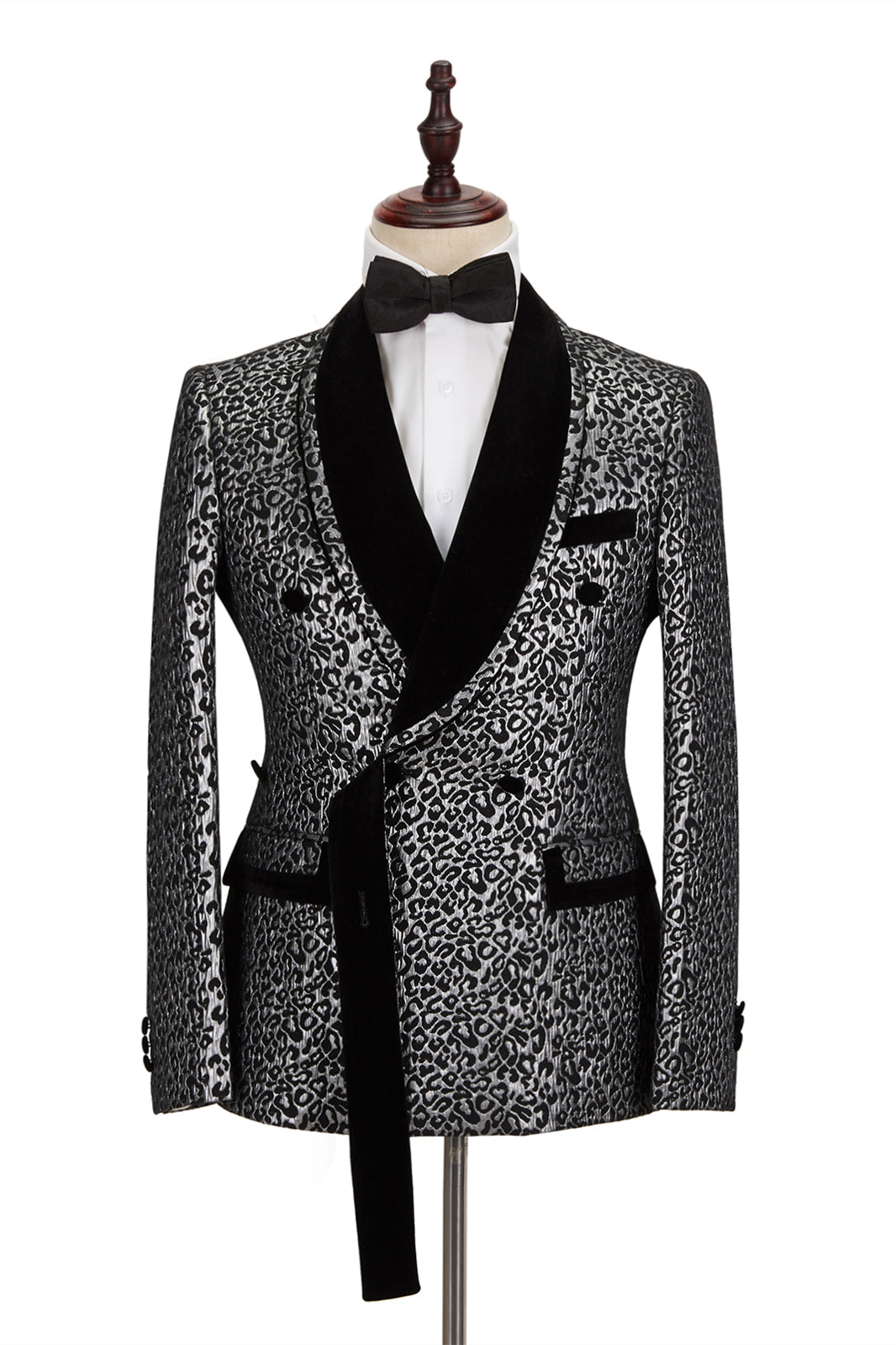 Black Classy Silver Leopard Jacquard Men's Suit Shawl Lapel Double Breasted Wedding Suit for Formal-showprettydress