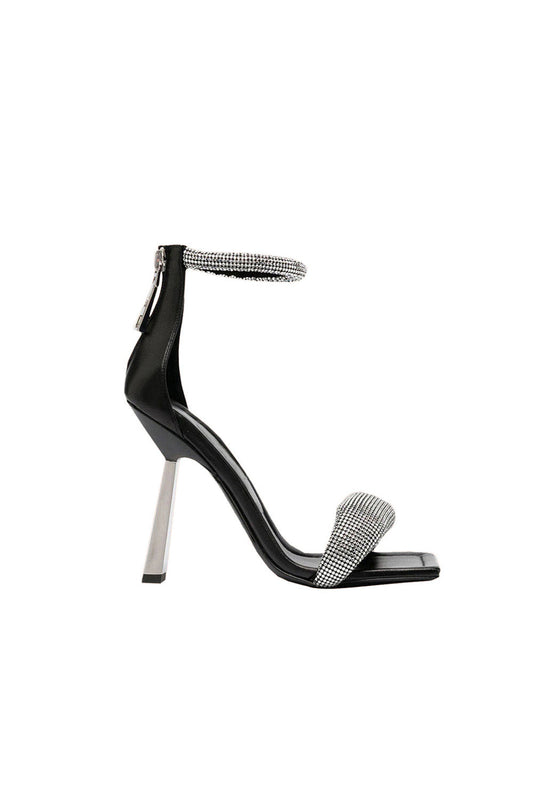 Black Beaded Stiletto Mid Heel Sandals