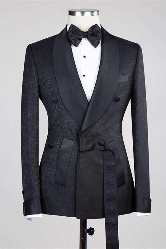 Black Double Breasted Shawl Lapel Jacuqard Wedding Suit-showprettydress