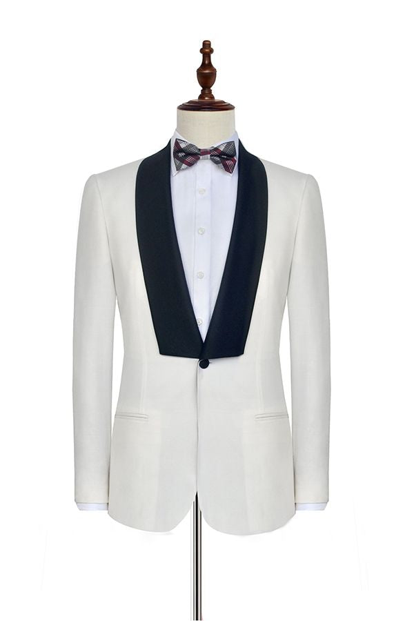 Black Knife Collar Classic White Wedding Suits for Men One Button Wedding Tuxedos-showprettydress