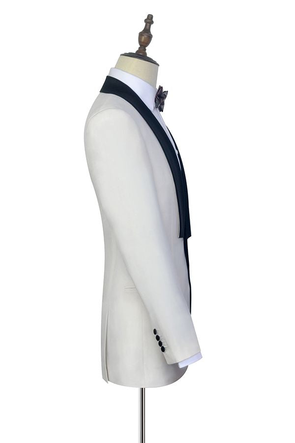 Black Knife Collar Classic White Wedding Suits for Men One Button Wedding Tuxedos-showprettydress