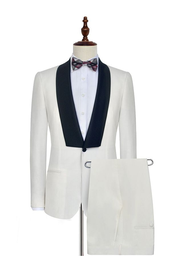 Black Knife Collar Classic White Wedding Suits for Men One Button Wedding Tuxedos-showprettydress