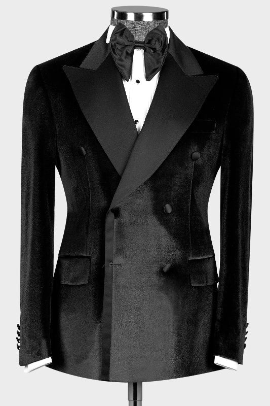 Harris Mind Black Peaked Lapel Double Breasted  Velvet Prom Suits