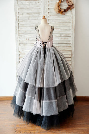 Black Polka Dots Tulle Corset Back Ball Gown Cupcake Wedding