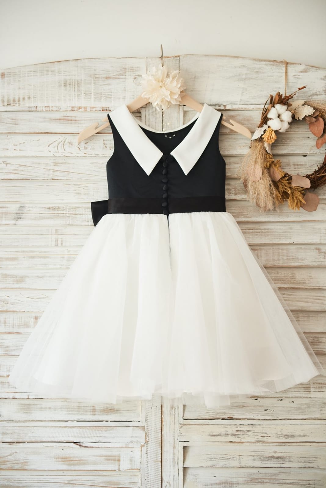 Black Satin Ivory Tulle Wedding Flower Girl Dress with V 