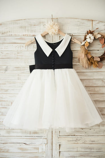 Black Satin Ivory Tulle Wedding Flower Girl Dress with V 