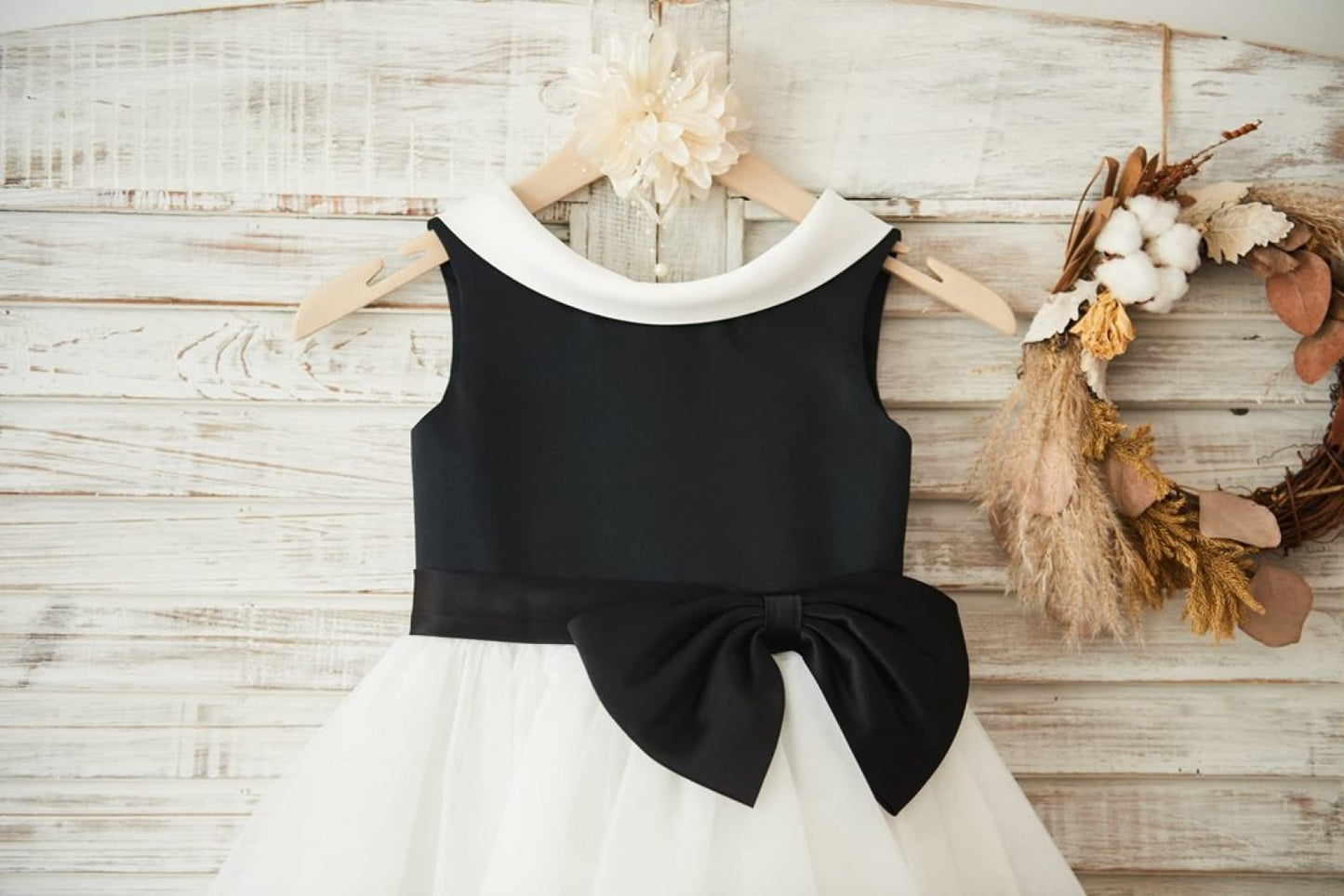 Black Satin Ivory Tulle Wedding Flower Girl Dress with V 