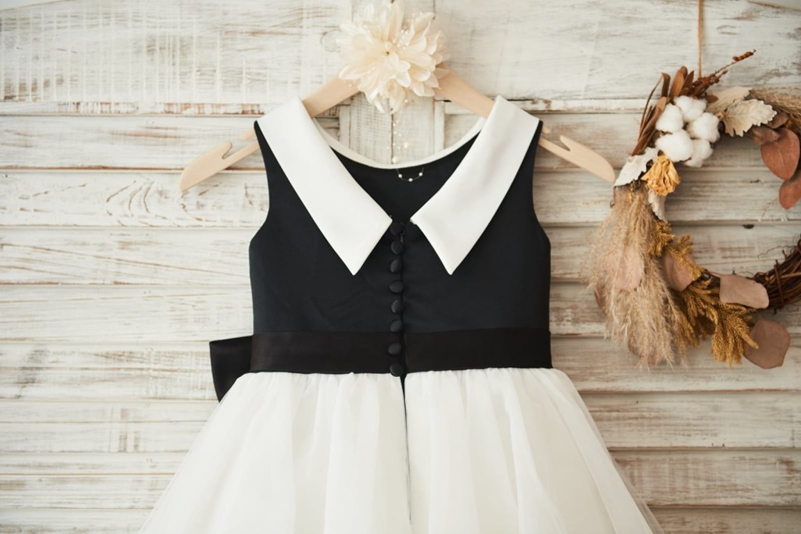 Black Satin Ivory Tulle Wedding Flower Girl Dress with V 