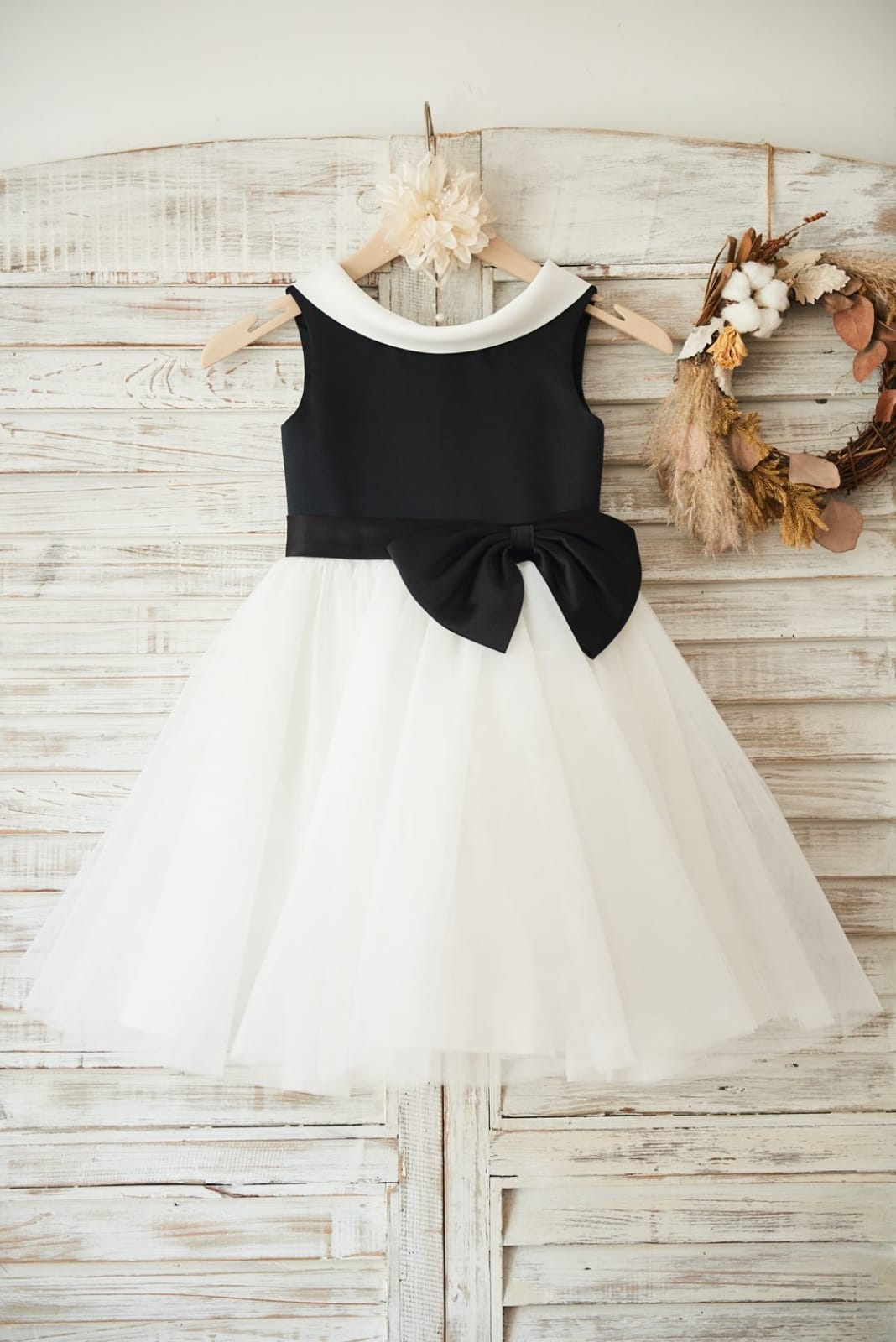 Black Satin Ivory Tulle Wedding Flower Girl Dress with V 