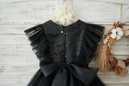 Black Sequin Tulle Ruffle Sleeves Wedding Flower Girl Dress