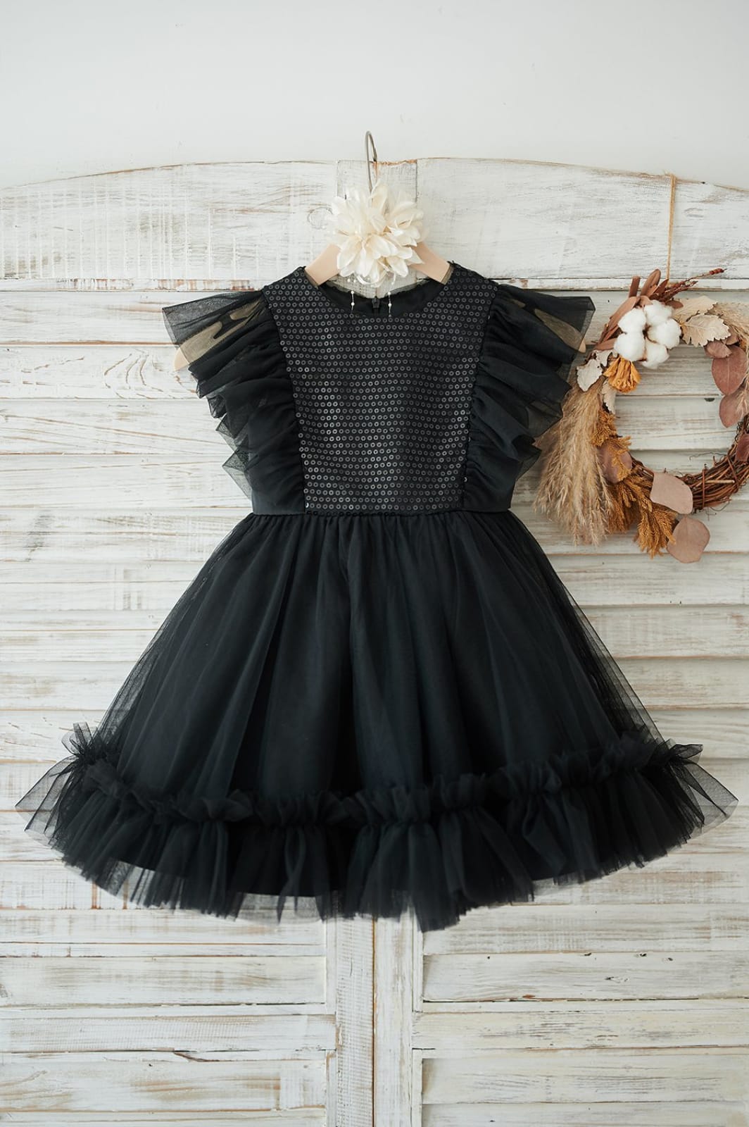 Black Sequin Tulle Ruffle Sleeves Wedding Flower Girl Dress