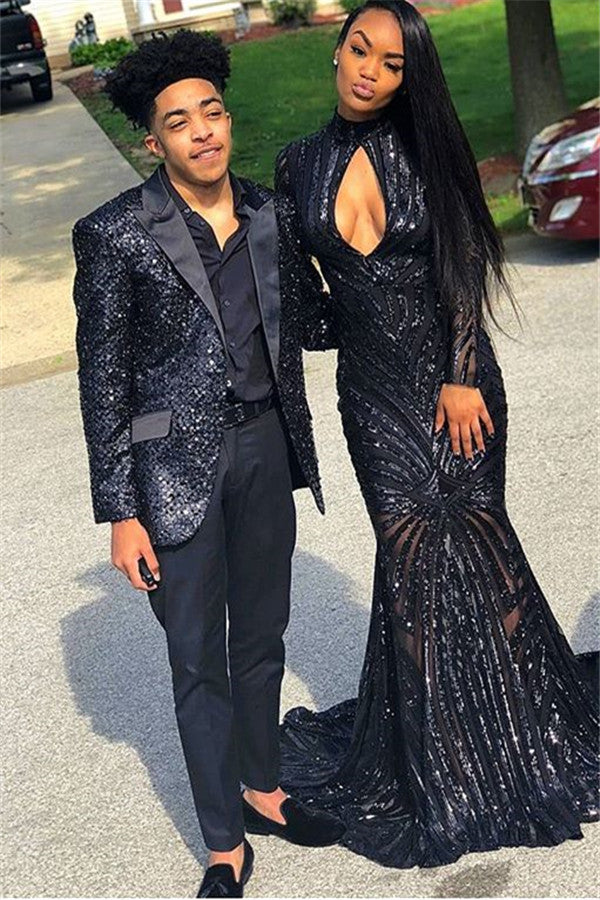 Black Sequins Men Suit Online Classy Peak Lapel Two Piece Prom Outfits-showprettydress