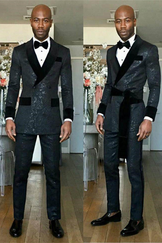 Black Shawl Lapel Double Breasted Slim Fit Wedding Groom Suits-showprettydress