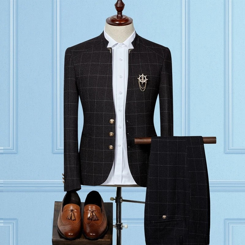 Black Slim Sit Plaid Classic Two Pieces Men Suits Online-showprettydress