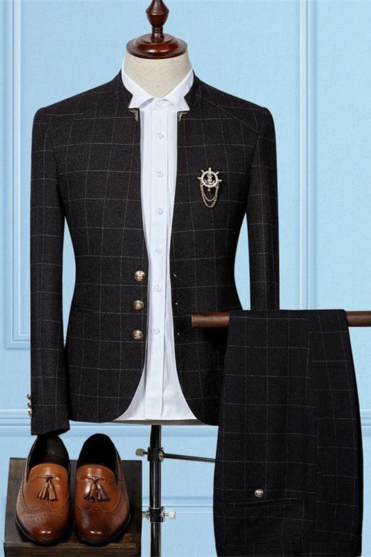 Black Slim Sit Plaid Classic Two Pieces Men Suits Online-showprettydress