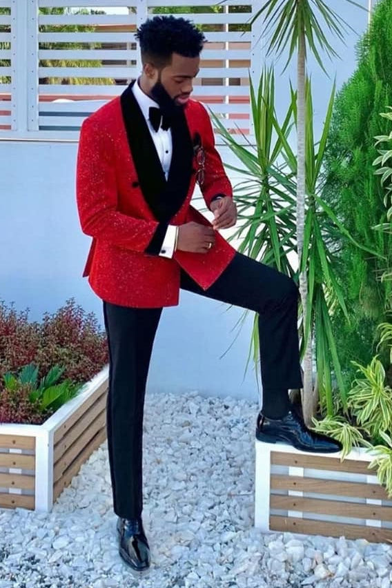 Black Velvet Lapel Banding Edge Sparkle Red Men's Suit for Prom-showprettydress