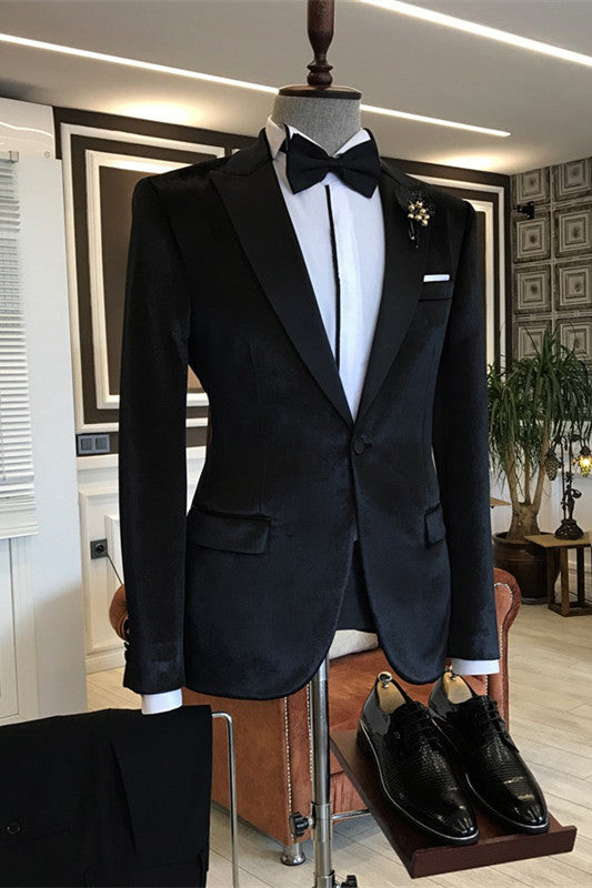 Black Velvet One Button Peaked Lapel Slim Fit Men Suits-showprettydress