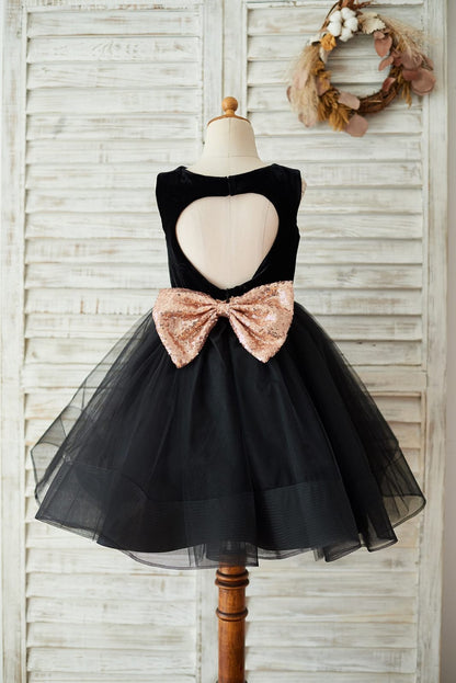 Black Velvet Tulle Keyhole Back Wedding Flower Girl Dress 