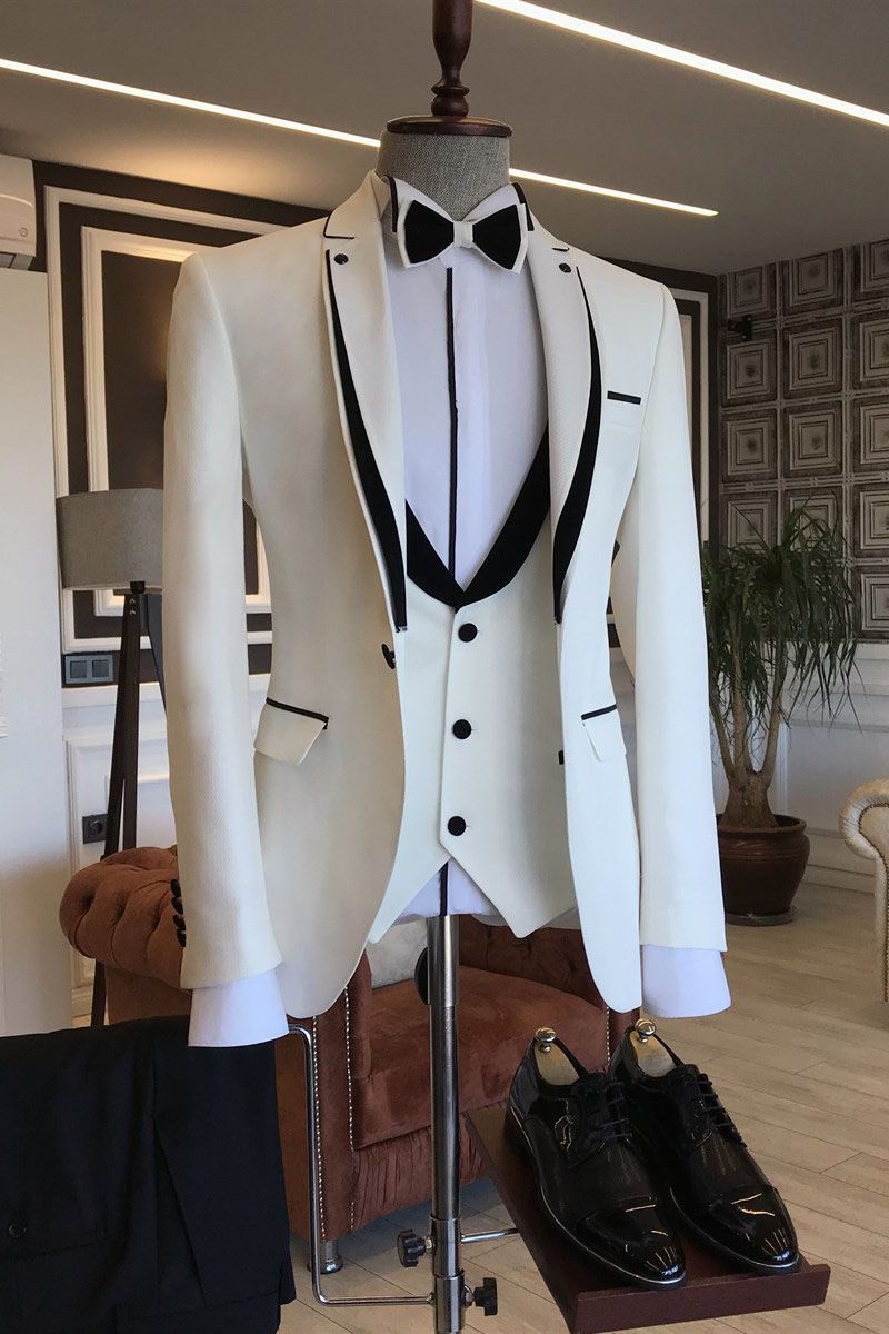 Black White Notched Lapel Slim Fit Men's Prom Suits-showprettydress