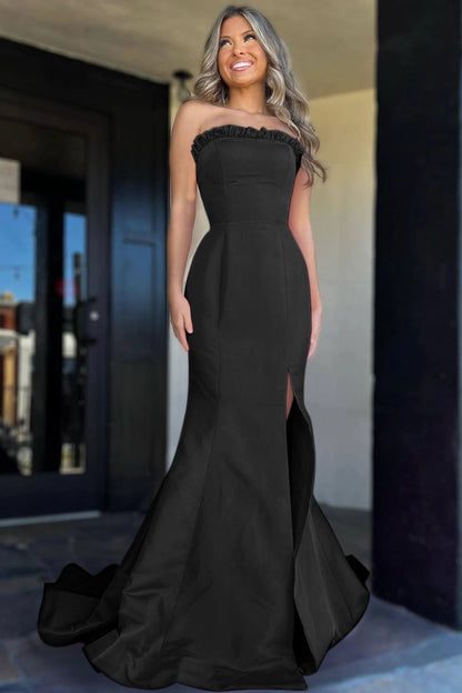 Roycebridal Denver | Strapless Maganta Ruffle Mermaid Slit Long Prom Dress