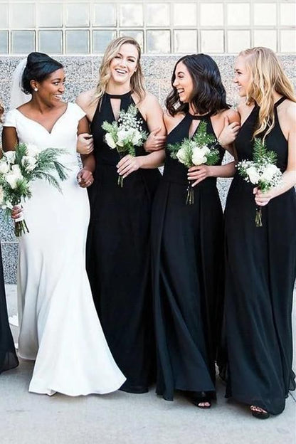 Floor Length Long Black Bridesmaid Dresses Halter Wedding Guest Dress