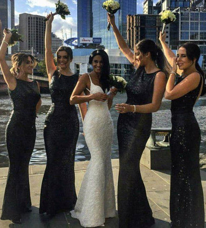 Long Black Sequin Bridesmaid Dresses Mermaid Sleeveless