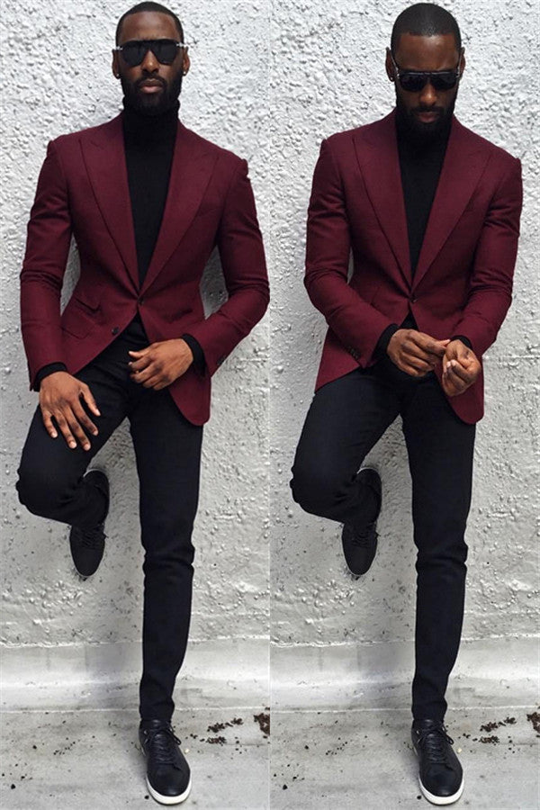 Blake Burgundy Peaked Lapel Slim Fit Bespoke Men's Prom Suits-showprettydress