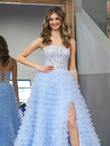 Roycebridal Jordan | Sky Blue A-Line Tiered Sequins Tulle Long Prom Dress