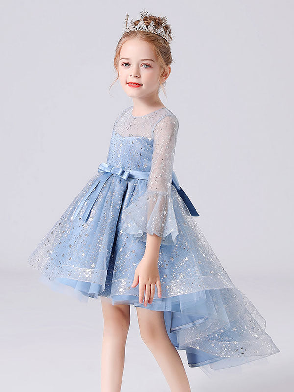 Blue Jewel Neck 3/4 Length Sleeves Bows Formal Kids Pageant flower girl dresses-showprettydress