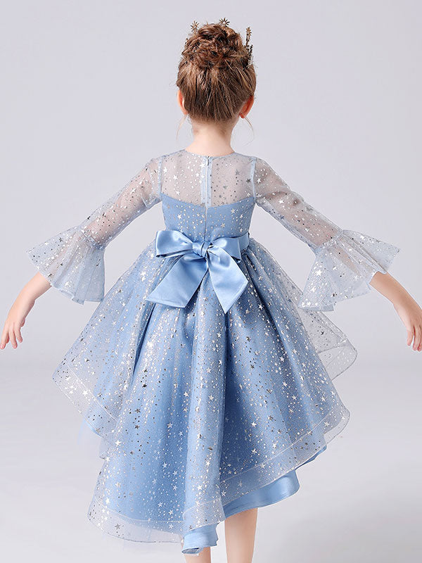 Blue Jewel Neck 3/4 Length Sleeves Bows Formal Kids Pageant flower girl dresses-showprettydress