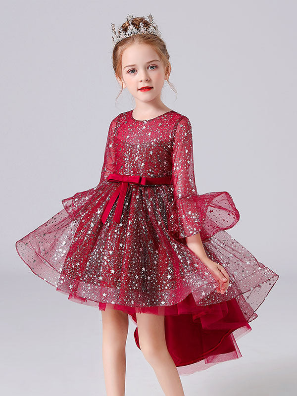 Blue Jewel Neck 3/4 Length Sleeves Bows Formal Kids Pageant flower girl dresses-showprettydress