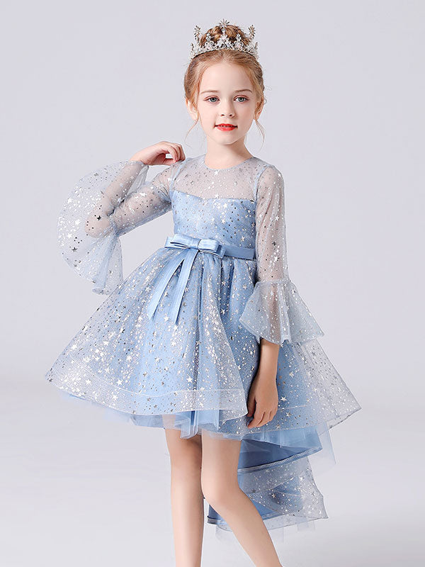 Blue Jewel Neck 3/4 Length Sleeves Bows Formal Kids Pageant flower girl dresses-showprettydress