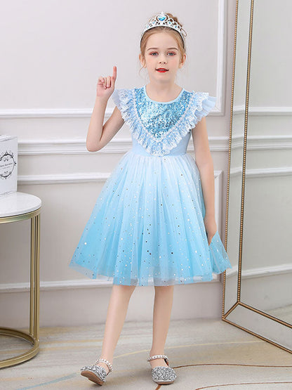 Blue Jewel Neck Lace Sleeveless Short Princess Dress Kids Social Party Dresses-showprettydress