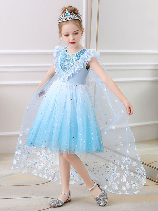 Blue Jewel Neck Lace Sleeveless Short Princess Dress Kids Social Party Dresses-showprettydress