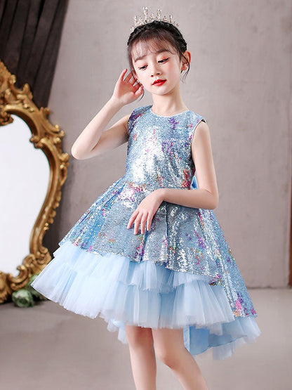 Blue Jewel Neck Sleeveless Bows Kids Social Party Dresses Princess Dress-showprettydress